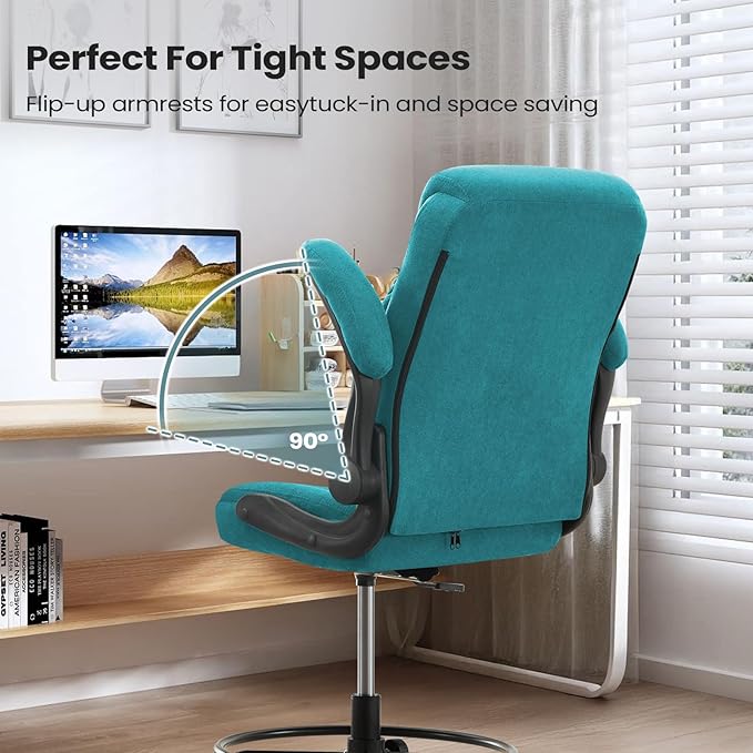 MAHOMICO Drafting Chair for Standing Desk – Tall Office Chair with Adjustable Height & Foot Ring, Flip-Up Arms, Lumbar Support – Comfortable Fabric Seat, Ideal Home Desk Chair