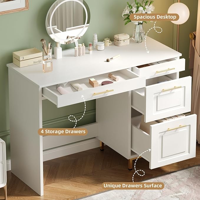 4 EVER WINNER White Desk with Drawers, 44 Inch Computer Desk with Storage and Golden Handle, Writing Desk Sturdy Table for Home Office, White and Gold Desk