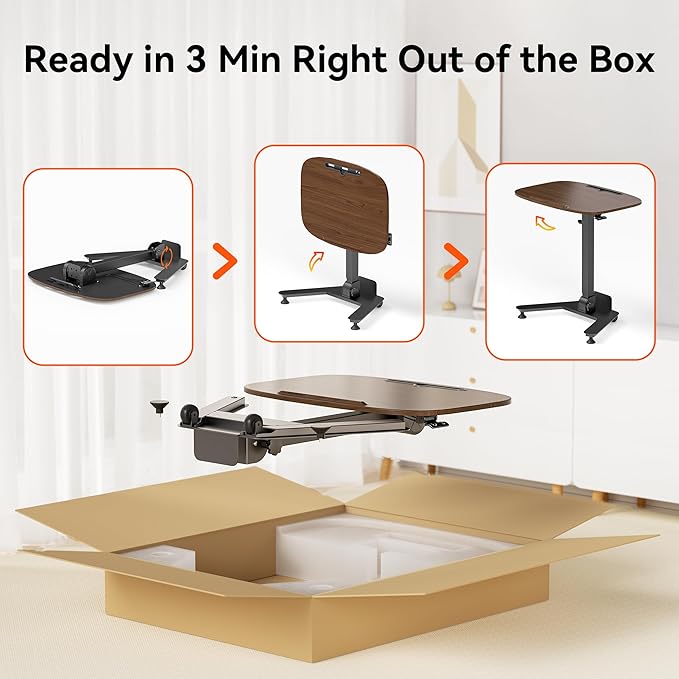 WALKINGDESK Folding Pneumatic Height Adjustable Mobile Standing Desk with 90° Tiltable Tabletop, 27.2x18.9 Inch Portable Laptop Desk with Wheels, Holds Up to 66.1lbs for Home Office, Black Walnut