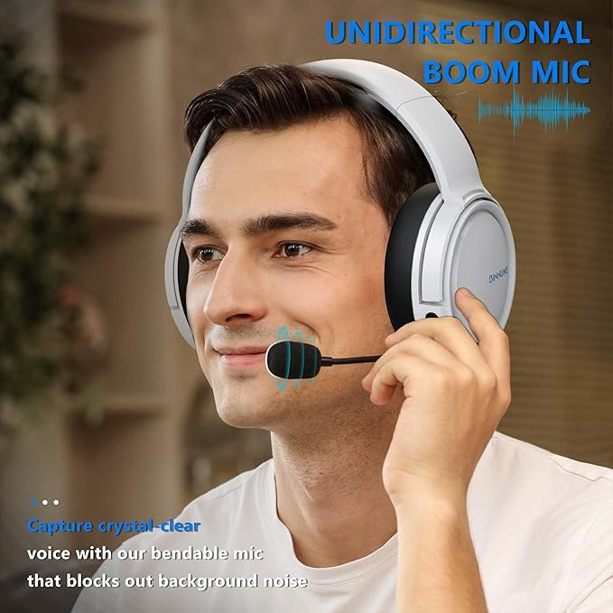 BINNUNE Wireless Gaming Headset — 2.4GHz Low-Latency USB Dongle + Bluetooth, 50mm Drivers 7.1 Surround, Noise-Cancelling Mic, 40H Battery — Over Ear Wireless Headphones for PS5, PC, Laptop, White