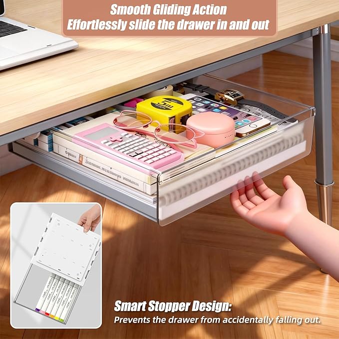 TooCust 2-Pack Under Desk Drawer for Desk with Frame & Beam, Fits Where Standard Drawers Can't, 52mm Heightened Slide Out Organizer, Dual Adhesive or Screw Mount, Clear PET Under Table Storage