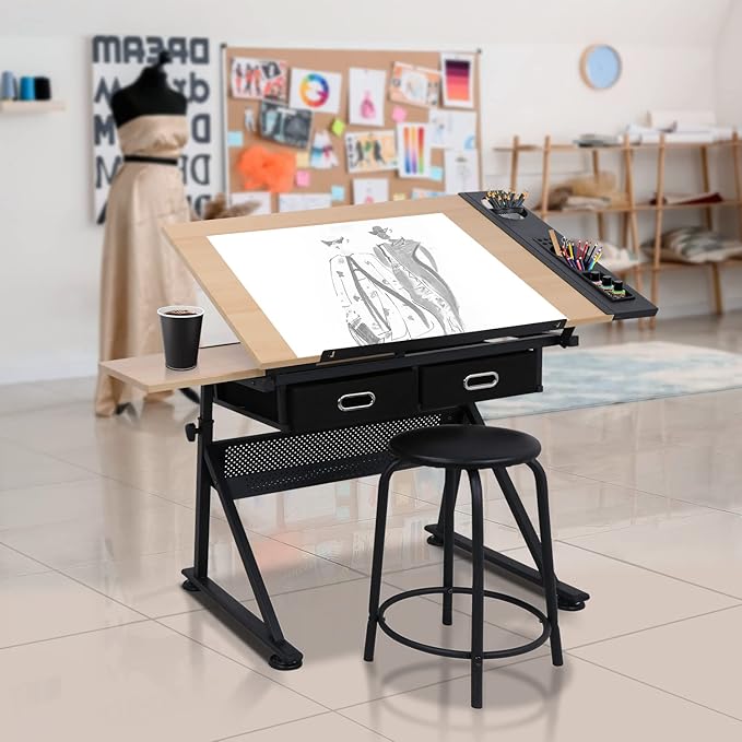 ZENY Drafting Table Art Desk Drawing Table Height Adjustable Artist Table with Tilted Tabletop, Drafting Stool and Storage Drawer for Reading, Writing, Crafting, Painting Art
