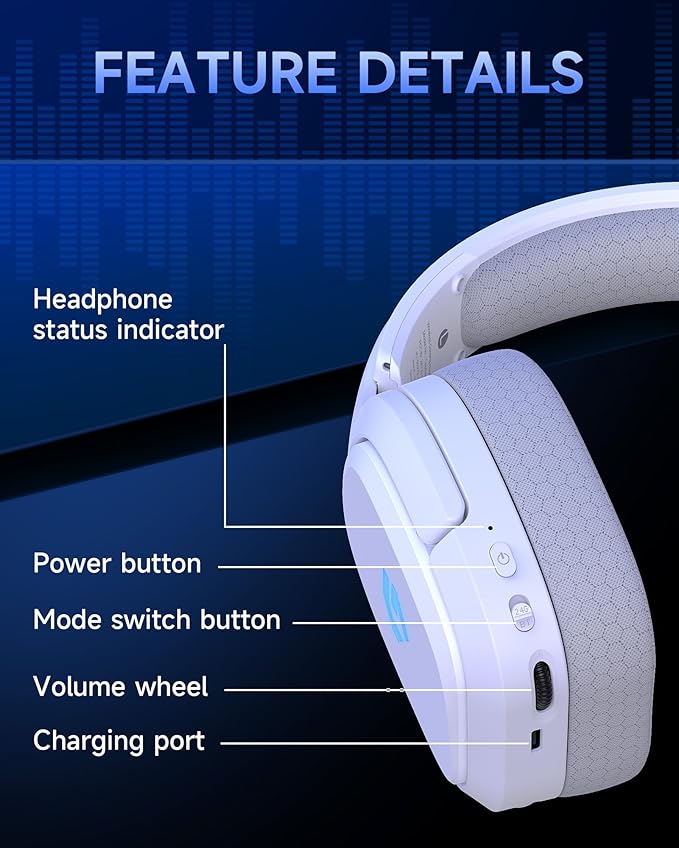 2.4GHz Wireless Gaming Headsets for PS5, PS4, PC, Switch - Bluetooth 5.4 Gaming Headphones with Noise Canceling Mic, Low Latency Connection, 3D Immersive Surround Sound, 30H Battery, White