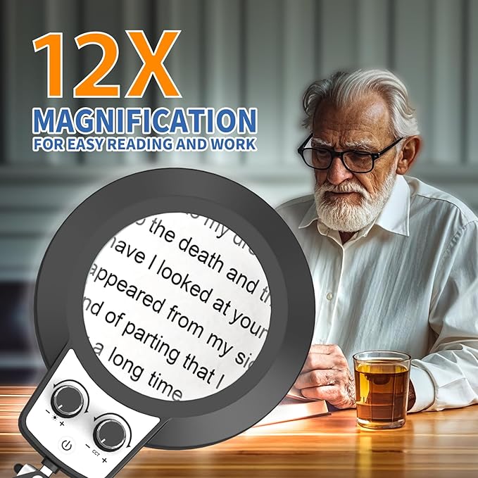HITTI 12X Magnifying Glass with Light Hands Free, 2026 New Infinite Color and Brightness Desk Lamp & Clamp, 2-in-1 LED Lighted Magnifier Stand for Craft Reading Hobby Close Work(12X Ring Base & Clamp)