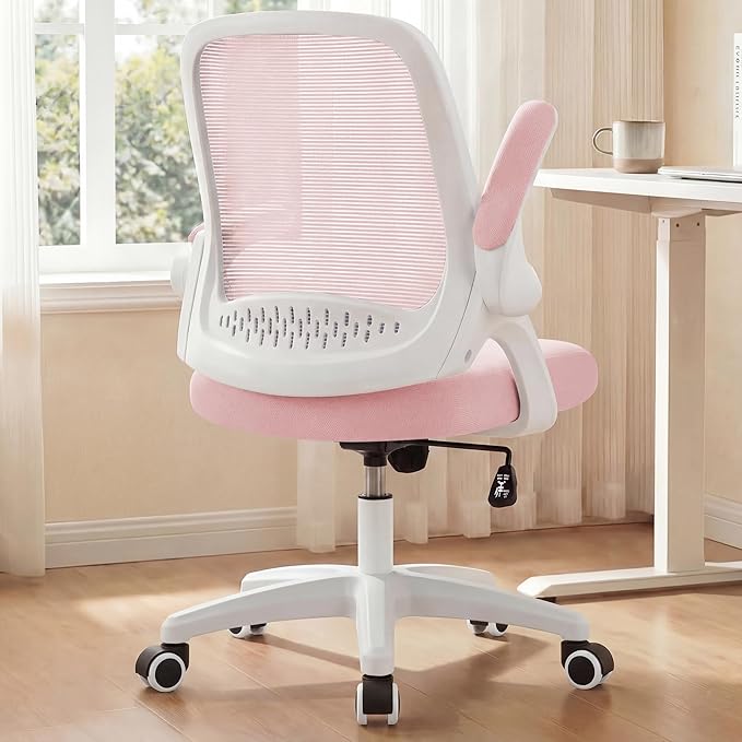 NEO Chair Office Desk Gaming Ergonomic Computer Chair with Lumbar Back Support Adjustable Height Swivel Rolling Wheels Flip-up Arms Mesh Chair for Home Vanity (Pink)