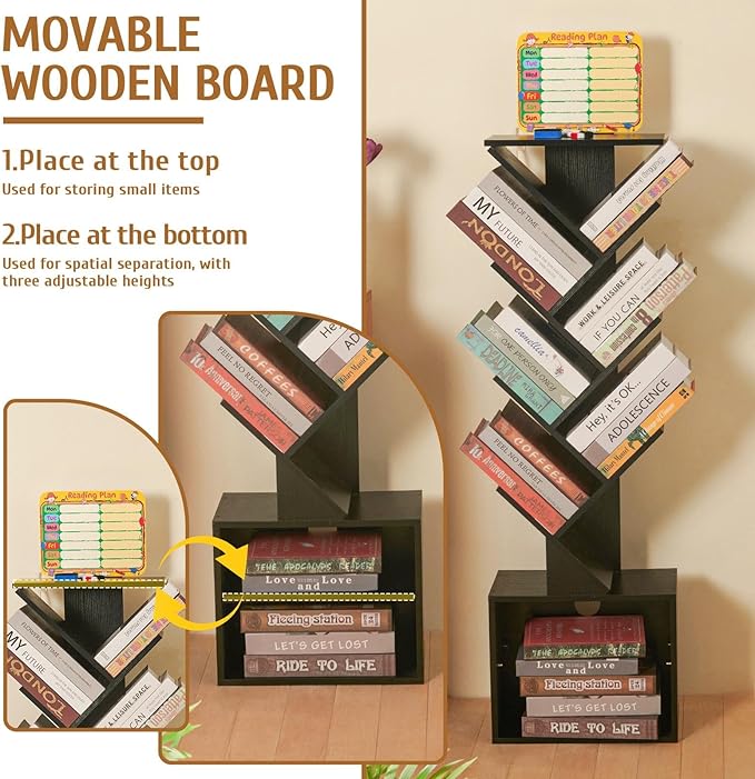 7 Tier Tree Book shelf, Small Bookcase with Reading Planner and Activity Panel, Modern Floor Standing Corner Tall Narrow Storage Cabinet Bookshelves for Home Office Bedroom Living Room (Black)