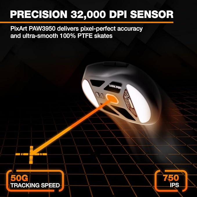 be quiet! Dark Perk Sym PC Gaming Mouse, 55g Lightweight, Ultra-Long Wireless Battery Life, 8,000Hz Polling Rate, PixArt PAW3950 Sensor, 32,000 DPI, Optical 70m switches, 100% PTFE Glide Skates
