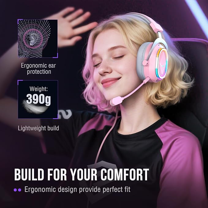 FIFINE Wired RGB Gaming Headset, PC Over-Ear Streaming Headset with USB, 7.1 Surround Sound, Noise-Cancelling Mic, Soft Ear Pads, 4 EQ Modes for PC, Laptop, Mac, PS4, PS5 - AmpliGame H13P (Pink)