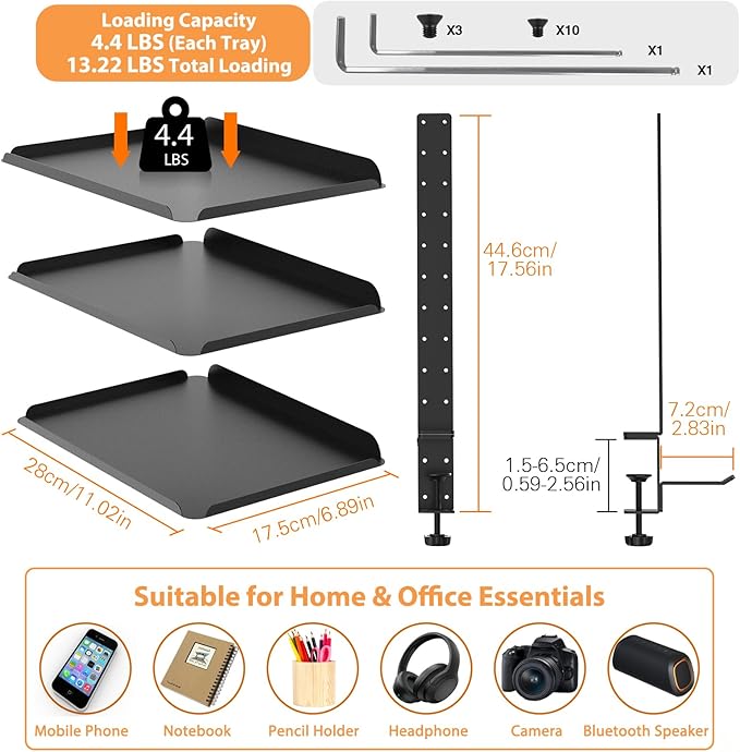 3 Tier Clamp On Desk Shelf with Adjustable Metal Storage Tray & Headphone Stand Over or Under Table Storage No Drilling Desk Extension Shelving Unit Desktop Shelves for 2.5in Max Desk Thick