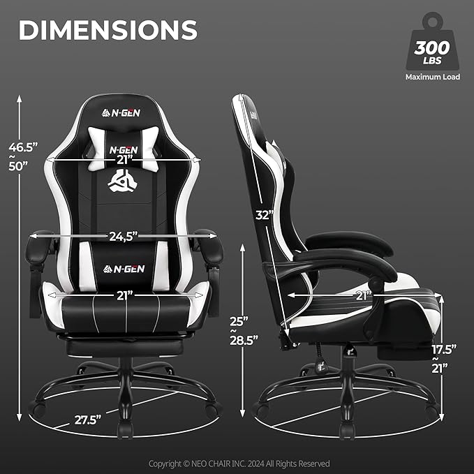 NEO CHAIR Video Gaming Chair with Footrest High Back Ergonomic Comfortable Office Computer Desk with Lumbar Support Height Adjustable with PU Leather Recliner for Adults Women Men (White)