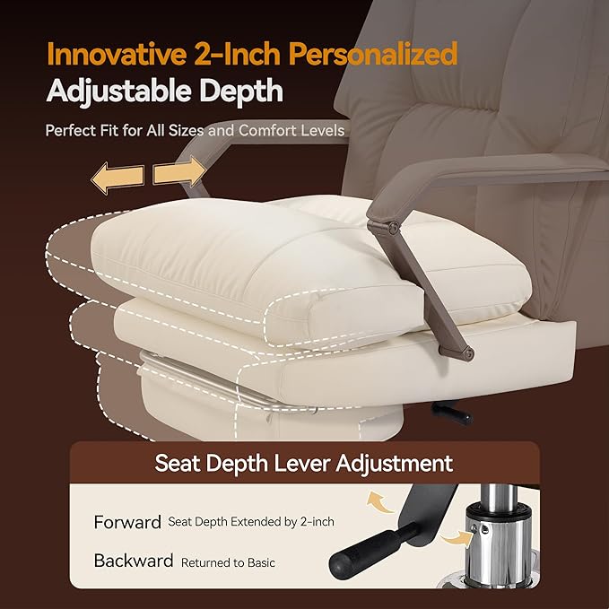 OKUP M76 160° Reclining Executive Office Chair with Footrest, Adjustable Seat Depth, 10" Thick Cloud Cushion Desk Chair, 420lb Heavy Duty High Back Leather Desk Chair for Home Office, Cream