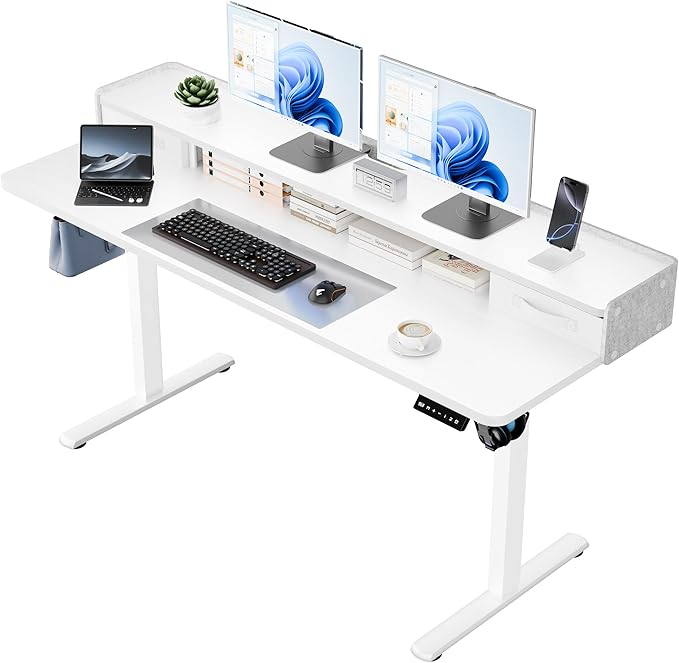 YESHOMY 63" x 23" Electric Standing Desk with 2 Drawers, Height Adjustable Computer Desk, Low Noise Home Office Stand Up Desk with 2 Preset Heights & 2 Hooks, White