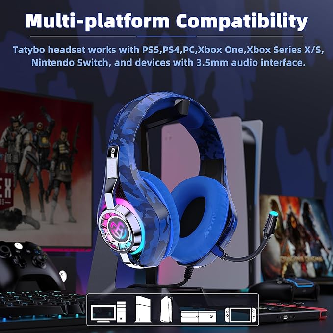Tatybo Gaming Headset for PS5 PS4 Switch Xbox PC, Surround Sound Gaming Headphones with Noise Canceling Mic