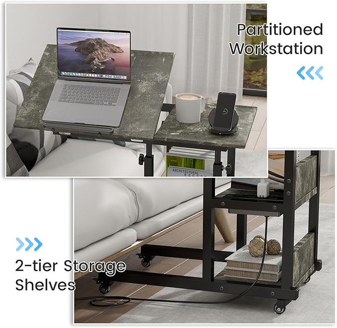 Hadulcet Adjustable C Table with Charging Station, Tiltable Desk C Shaped End Table for Couch, Over Bed Table with Wheels Adjustable Height, Laptop Stand Drawing Desk, Marble Grey