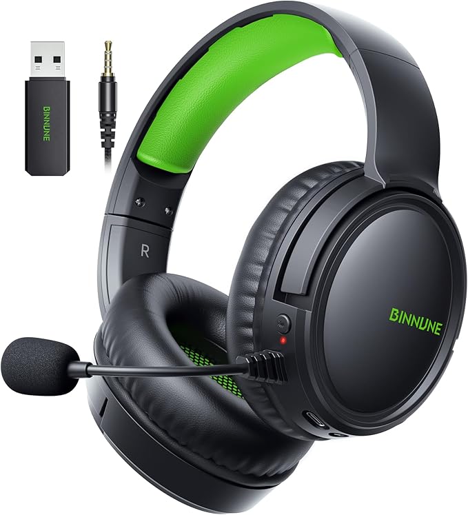 BINNUNE Wireless Gaming Headset — 2.4GHz Low-Latency USB Dongle + Bluetooth, 50mm Drivers 7.1 Surround, Noise-Cancelling Mic, 40H Battery — Over Ear Wireless Headphones for PS5, PC, Laptop, Green