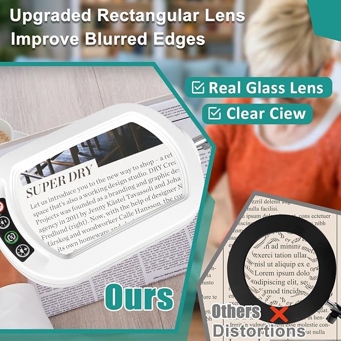 IVMAIE 10X Rectangle Magnifying Glass with Light, 5 Color Modes Stepless Dimmable Magnifier with Stand, LED Lighted Clamp Desk Lamp with Swing Arm, Hands Free for Reading Painting Close Work - White