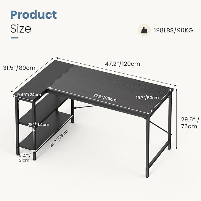 DUMOS 48 Inch L Shaped Desk Corner Computer Gaming Desks Home Office PC Table for Writing Working Study Bedroom with Reversible Storage Shelves, Black