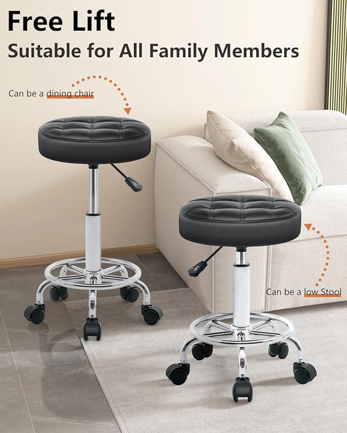 Rolling Stool with Wheels - Swivel Small Office Chair with Footrest, PU Leather Shop Stool for Office Spa Studio Lab Counter Salon Home Work Bar Kitchen Shop Teach Medical Facial, Black