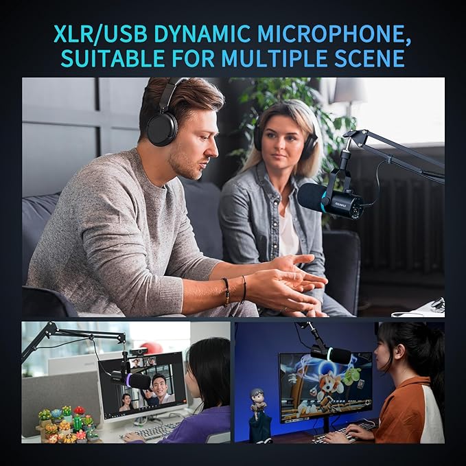 FEELWORLD PM1 XLR USB Dynamic Microphone with Boom Arm Stand Gifts for Podcast Recording PC Computer Gaming Live Streaming Vocal Voice-Over, Studio Metal Mic, RGB Light, Mute Button, Headphones Jack