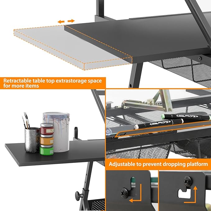 OS MOTOR Adjustable Height Drafting Table with Glass Top, Art Craft Desk with Slide-Out Drawers, Storage, for Drawing, Writing, Painting, and Creative Tasks, Ideal for Home Office