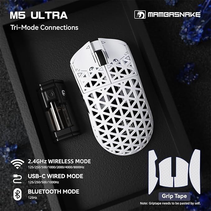 MAMBASNAKE M5 Ultra Carbon Fiber 8000Hz Wireless Gaming Mouse, 39g Superlight, 42000DPI, PAW3950MAX Sensor, Nordic 52840 Chip, Bluetooth/2.4G/USB-C Wired Mice with Coiled Cable for PC/Mac (White)