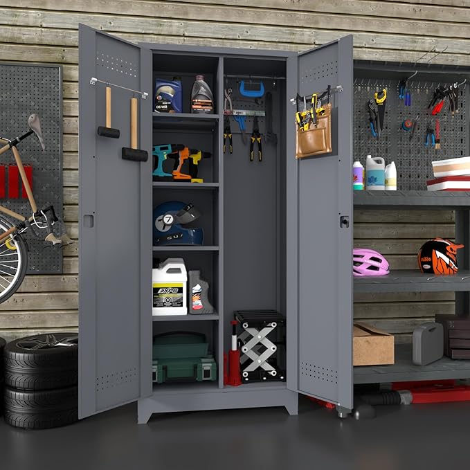 IRONFFICE Metal Utility Cabinet,Broom Closet Storage Cabinet with Hanging Rod,72" H Tall Storage Cabinets with 2 Doors and 4 Adjustable Shelves,Locking Storage Locker for Garage,Laundry Room,Grey