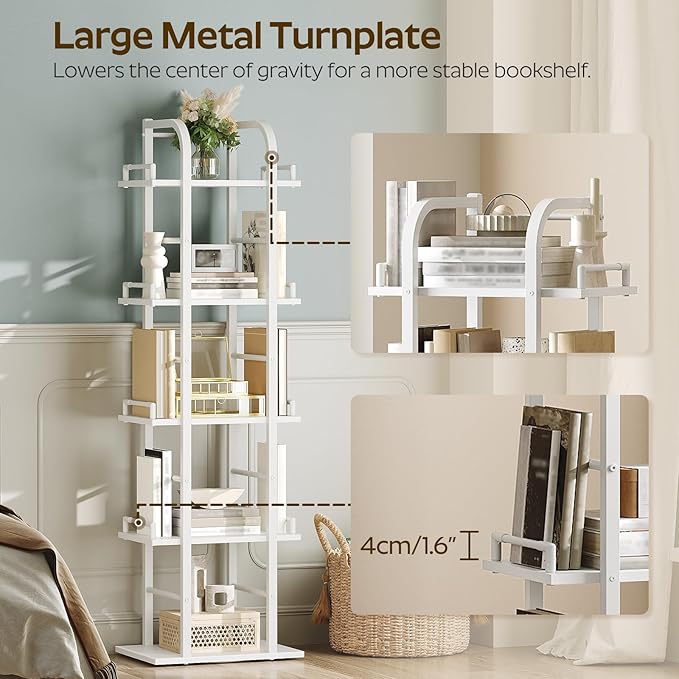 YATINEY 5 Tier Rotating Bookshelf, Freestanding Corner Bookshelf, 360 Spinning Bookcase Tower, Tall Industrial Style Organizer, Storage Shelf Bookcase for Living Room, Study, White SJ02WW