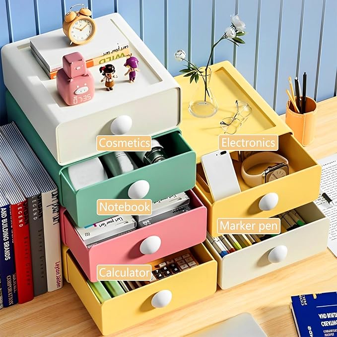 RETON 4 PCS Desktop Storage Drawers, Stackable Desk Organizer with Drawers, Large Capacity Desktop Storage Box for Office, School, Room, Dorm, Bathroom (4 Colors)
