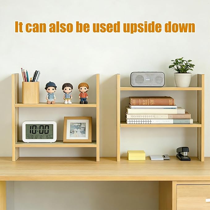 Small Desk Organizer Shelf - 2 Tier Desk Top Organizer for Desktop Storage, Wooden Office Shelves, Sturdy Desktop Bookshelf Organizers for Dorm, Cubicle, Easy to Assemble