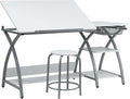 Deluxe Comet Craft Station with Stool, Adjustable Drafting & Art Desk with Storage Shelves, Pencil Ledge, Wire Mesh Drawer, 45° Tilting Top, Steel Frame, Silver/White