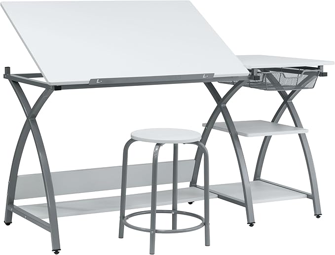 Deluxe Comet Craft Station with Stool, Adjustable Drafting & Art Desk with Storage Shelves, Pencil Ledge, Wire Mesh Drawer, 45° Tilting Top, Steel Frame, Silver/White