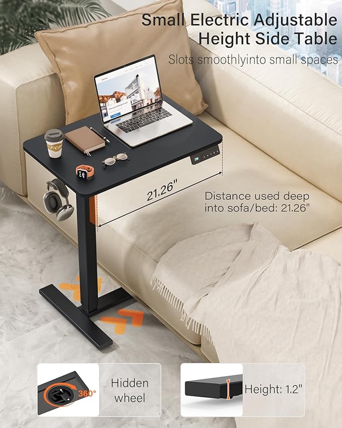 FiCiHi Electric Standing Desk with Wheels – Adjustable Height Mobile Sit-Stand Laptop Table, Portable Rolling Small Computer Workstation for Home Office & Bedside Use (28"x16", Black)