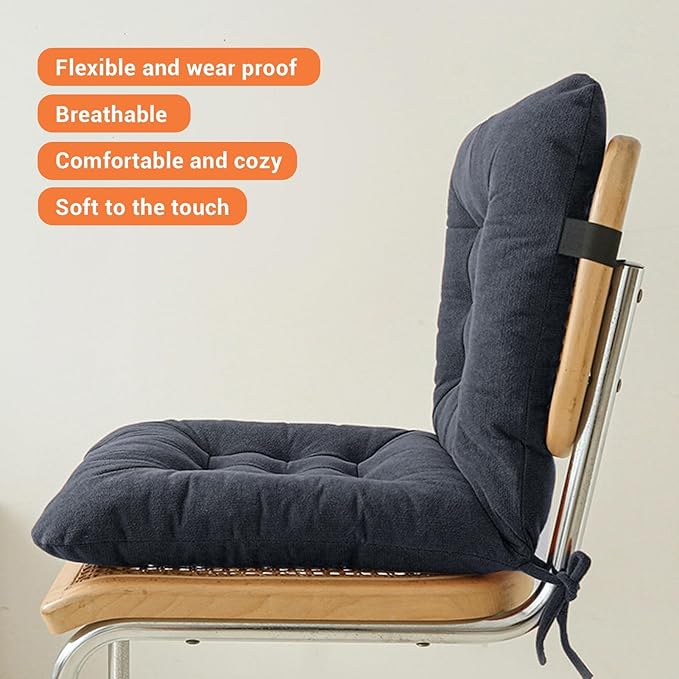 Seat Cushion with Back Support, 31.5 Inch Chenille and PP Cotton Integrated Chair Pad with Fixed Strap for Office Desk and Dining Chairs (Black)