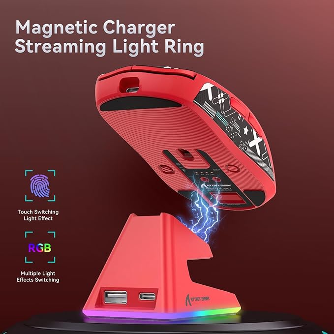 ATTACK SHARK X6 Lightweight Wireless Gaming Mouse with RGB Backlight Charging Base,Tri-Mode Wired/2.4GHz/BT5.2,26K DPI, PAW3395 Optical Sensor,HUANO Switch,5programmable Buttons,PC/Mac(Red+Sticker)