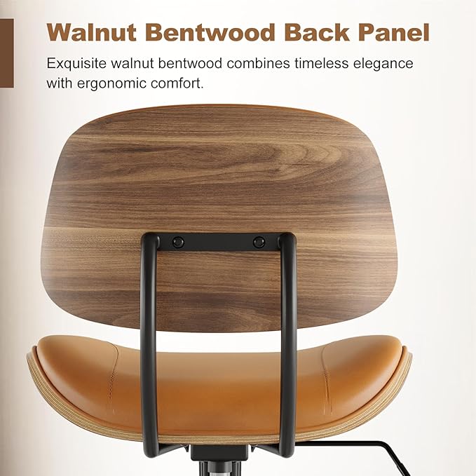 Armless Office Chair with Wheels, PU Leather Adjustable Height Desk Chair - 360° Swivel Ergonomic Computer Chair for Small Space, Modern Walnut Style, Home & Meeting Room, Brown