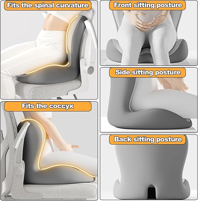 Gray,Back and Seat Cushion, 2025 New Ergonomic Non-Slip Memory Foam Seat Cushion with Back Support, L-Shaped Breathable Seat Cushions for Car, Office, Home