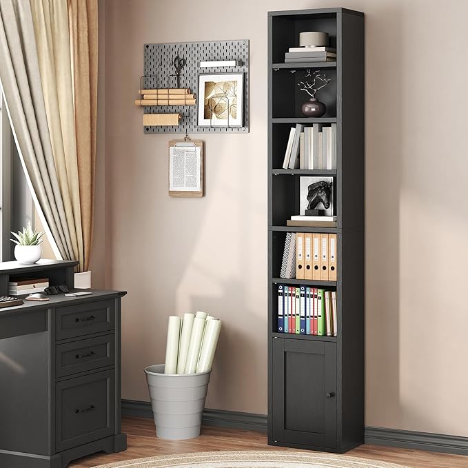RALGEND 7-Tier Tall Narrow Bookshelf with Door Set of 4, 70.9 Inches CD DVD Slim Media Tower Rack with Storage Cabinet, Adjustable Shelves, Skinny Bookshelf Display Bookcase for Home Office, Black