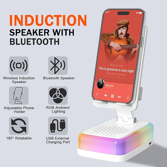 Wireless Induction Bluetooth Speaker with 360° Rotating Phone Stand, 3000mAh Large Battery, 5 in 1 Portable Cell Phone Holder with RGB Light & Emergency Charger, Tech Gifts for Men Women, (White)