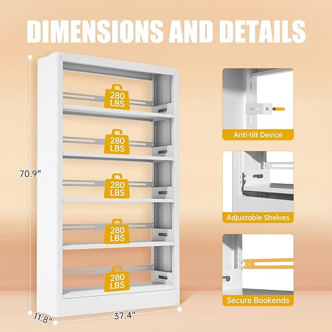 71" Metal Bookshelf,5 Tier White Bookshelf with Adjustable Shelves,Heavy Duty Bookshelves and Bookcases,Tall Bookcase for Living Room,Library,Office,Including Book Stopper (White, 37.4" Wide)