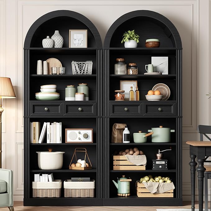 RALGEND Arched Bookshelf Set of 2, 73" Tall Arch Bookcase with Drawer, 6-Tier Farmhouse Book Shelf, Wooden Bookshelf with Open Display Shelves for Living Room, Office, Adjustable Shelves, Black