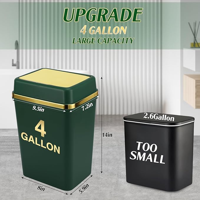 Bathroom Trash Can with Lid 4 Gallon Trash Can with Swing Lid Dark Green Small Garbage Can Bathroom Garbage Can with 300 Counts Trash Bags for Kitchen Bedroom Office