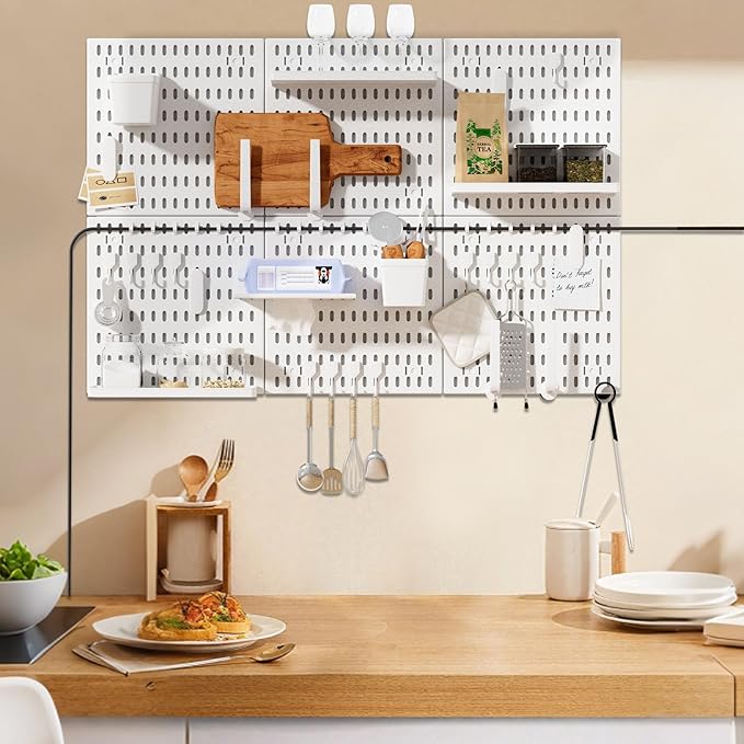 SHGJ&SOFT Peg Board Wall Organizer Panels, 50pcs - Includes 6 White Pegboards & Accessories, Plastic Pegboard for Home，Office, Craft Room, Gaming Setup, 24″×24″, Wall Mount Display Pegboard Panel Kits