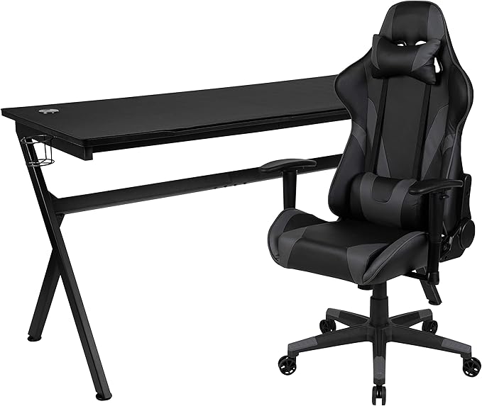 Flash Furniture Gaming Desk and Gray/Black Reclining Gaming Chair Set /Cup Holder/Headphone Hook/Removable Mouse Pad Top - Wire Management