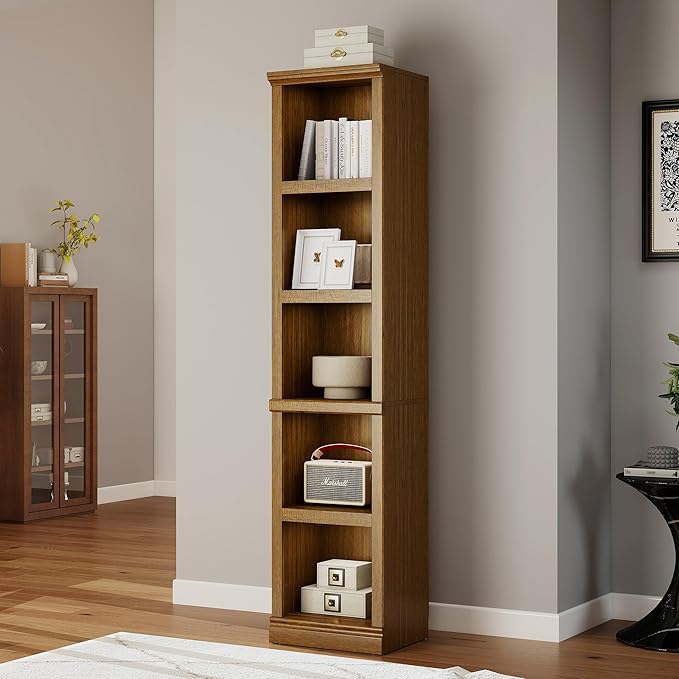 Bevfint 70" Tall Bookcase, Oak Narrow Floor Standing Bookshelf, 5 Tier Shelves Open Storage Organizer, Book Case for Living Room Hallway Kitchen Home Office Bathroom, Vintage Oak- 5 Tier