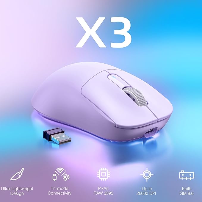 ATTACK SHARK X3 Lightweight Wireless Gaming Mouse with Tri-Mode 2.4G/USB-C Wired/Bluetooth,Up to 26K DPI, PAW3395 Optical Sensor,Kailh GM8.0 Switch,5 programmable Buttons for PC/Win/Mac(Purple)
