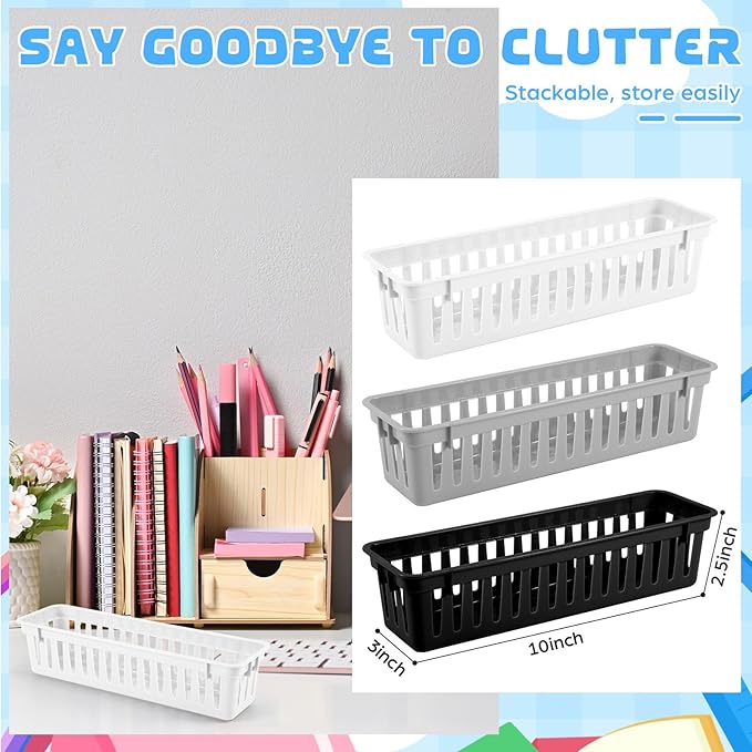 12 Pcs Black,White,Gray Slim Plastic Storage Baskets Tray 10 x 3 x 2.5 Inch Compact Stackable Desk Organizer for Office, Classroom, School Supplies, and Home Storage, Organization(Black,White,Gray)