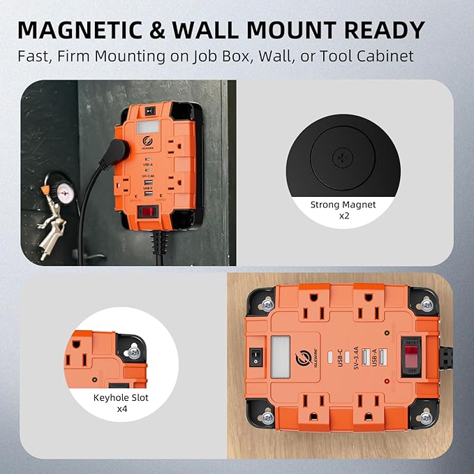 Magnetic Power Strip with Surge Protector, 6FT Power Cord with 360° Rotating Flat Plug, 4 AC Outlets & 4 USB Ports, Dual Magnets & 4 Mounting Holes for Workshop, Home and Office, ETL Listed, Orange