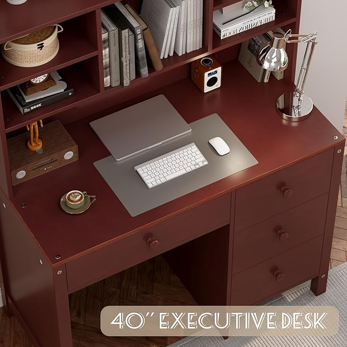 Vintage 40'' Home Executive Desk and Upholstered Chair Set with Bookshelf(Espresso)