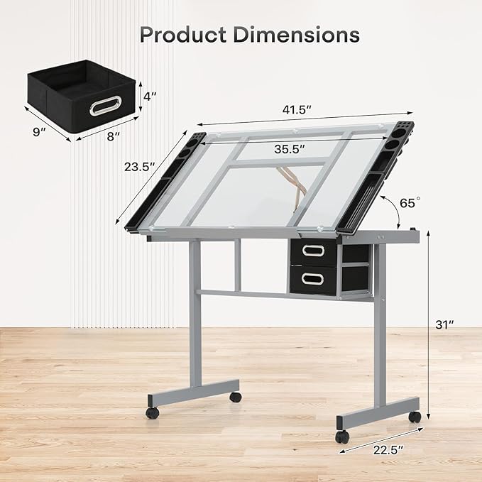 Drafting Table with Adjustable Tilt Angle Board, Drawing Table Tempered Glass Top, Art Desk with Metal Frame Craft Desk for Artist with Fabric Drawers, Rolling Casters and Trays