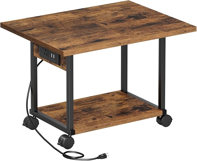Asgolion Printer Table, 2-Tier Under Desk Printer Stand with Charging Station, Printer Stand with Wheels, Printer Shelf for Small Spaces, PrinterCart for Home Office Rustic Brown
